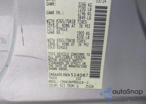 2014 Nissan Titan S z USA, uszkodzony, nr VIN 1N6AA0EJ6EN514087